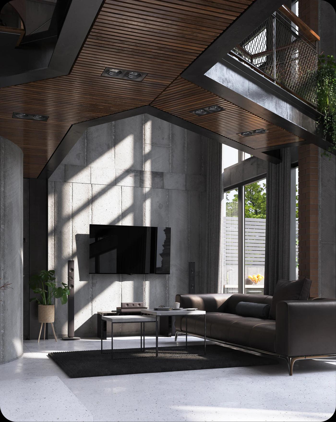 Industrial living room with concrete walls, timber ceiling, and dark seating