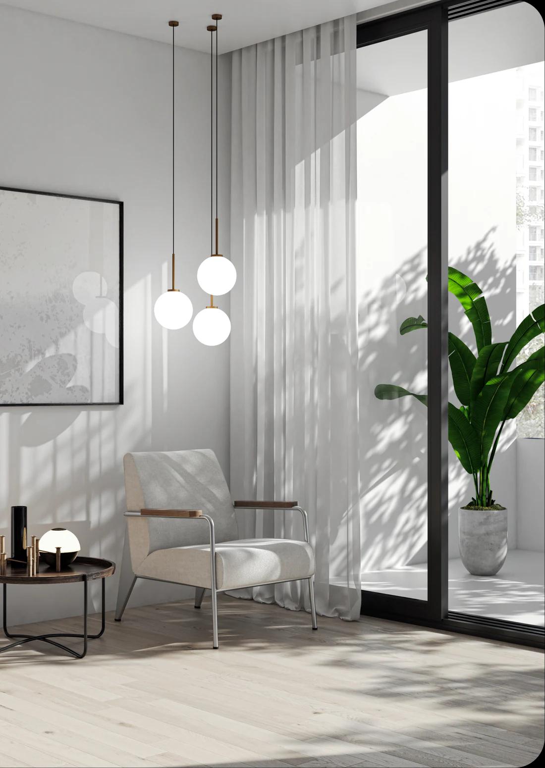 Light minimalist living space with sheer curtains and a statement chair